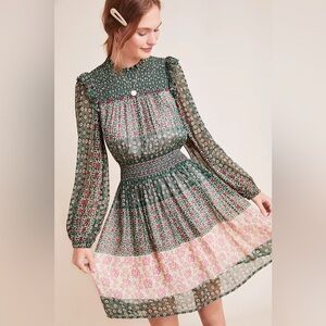 Anthropologie Green and Pink Long Sleeve Dress